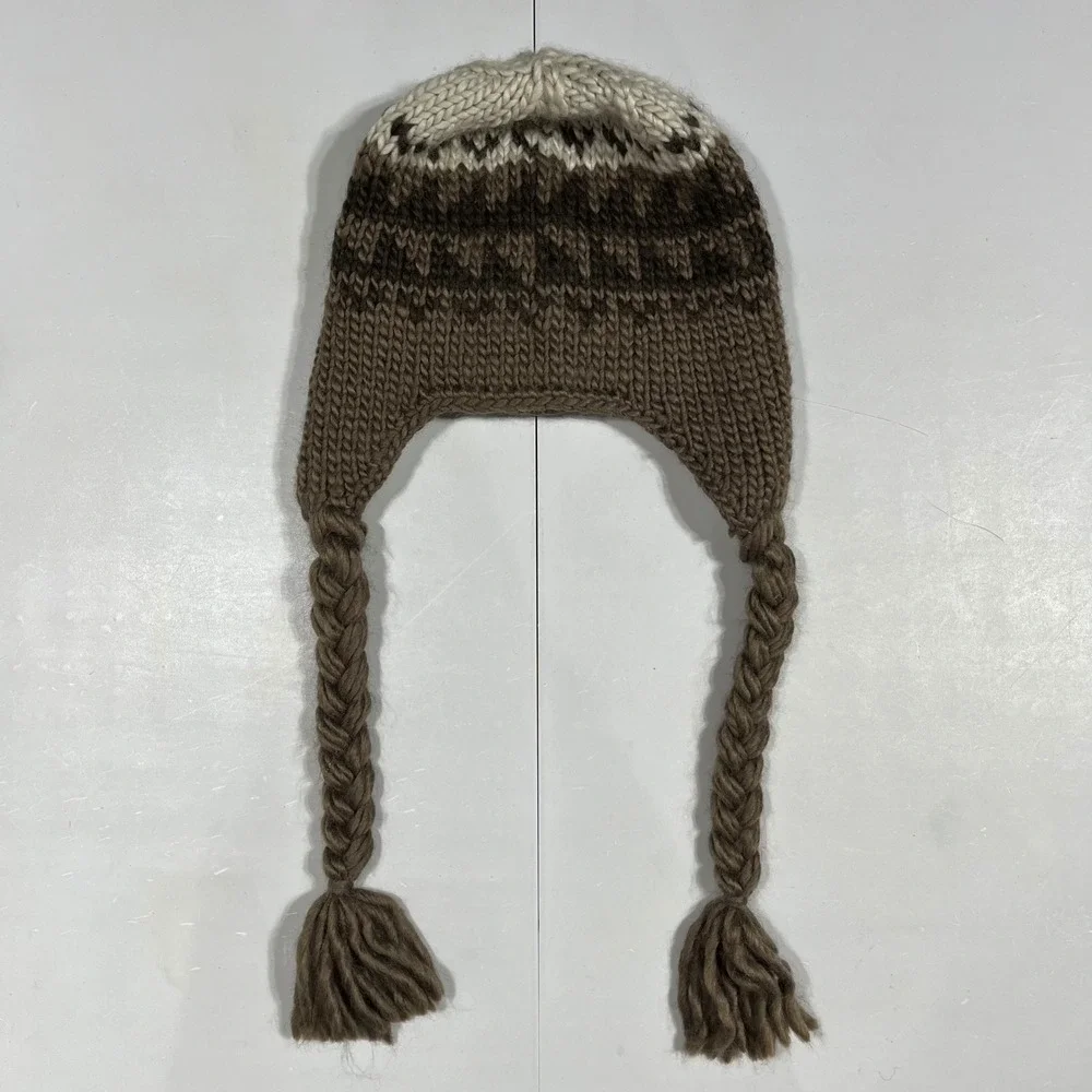 North Face Gorpcore Brown Wool Fair Isle Knit Trapper Beanie Hat Fleece Unisex